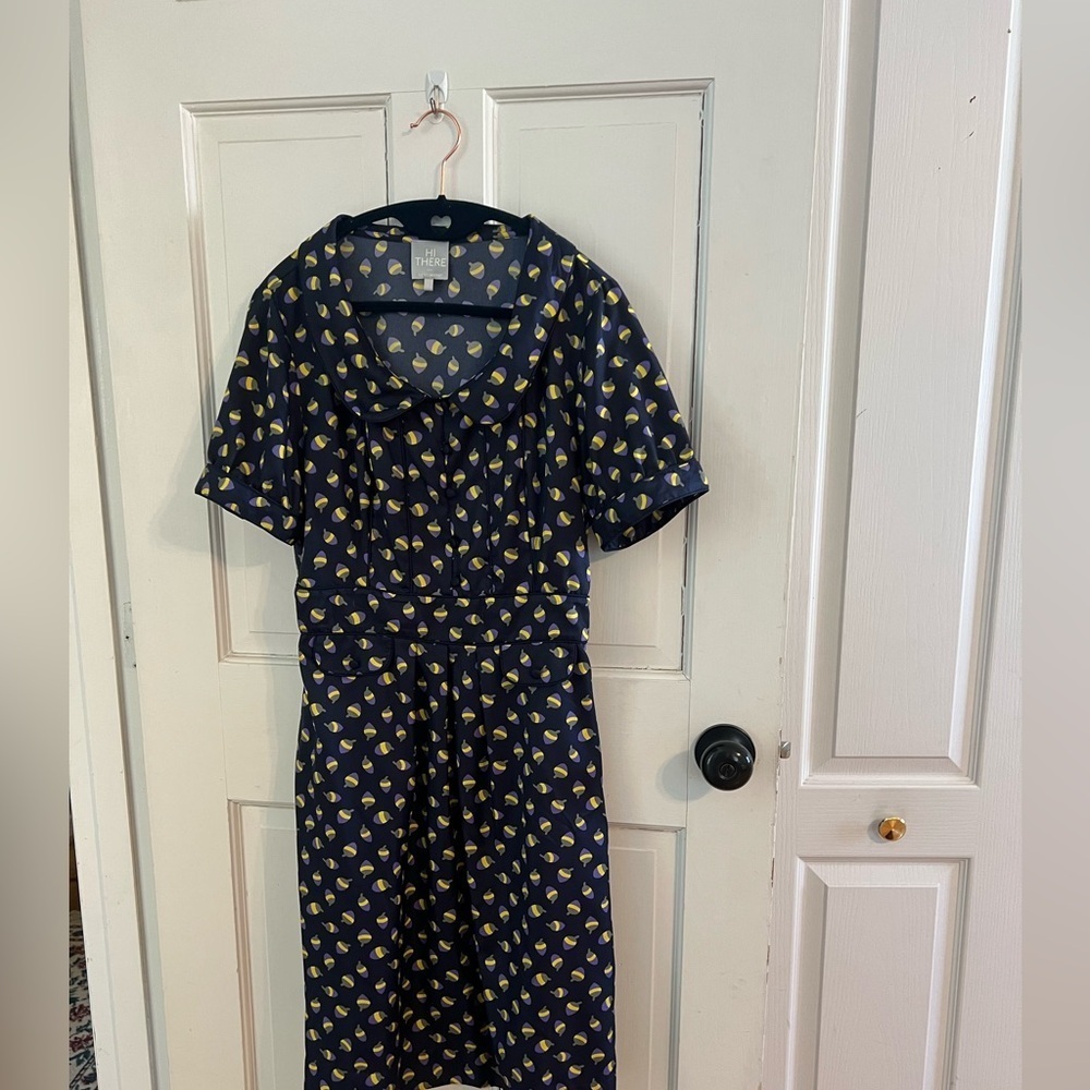 Anthropologie Hi There Karen Walker Dress Size 8 Retro Print Shift Midi Mini - Picture 2 of 12